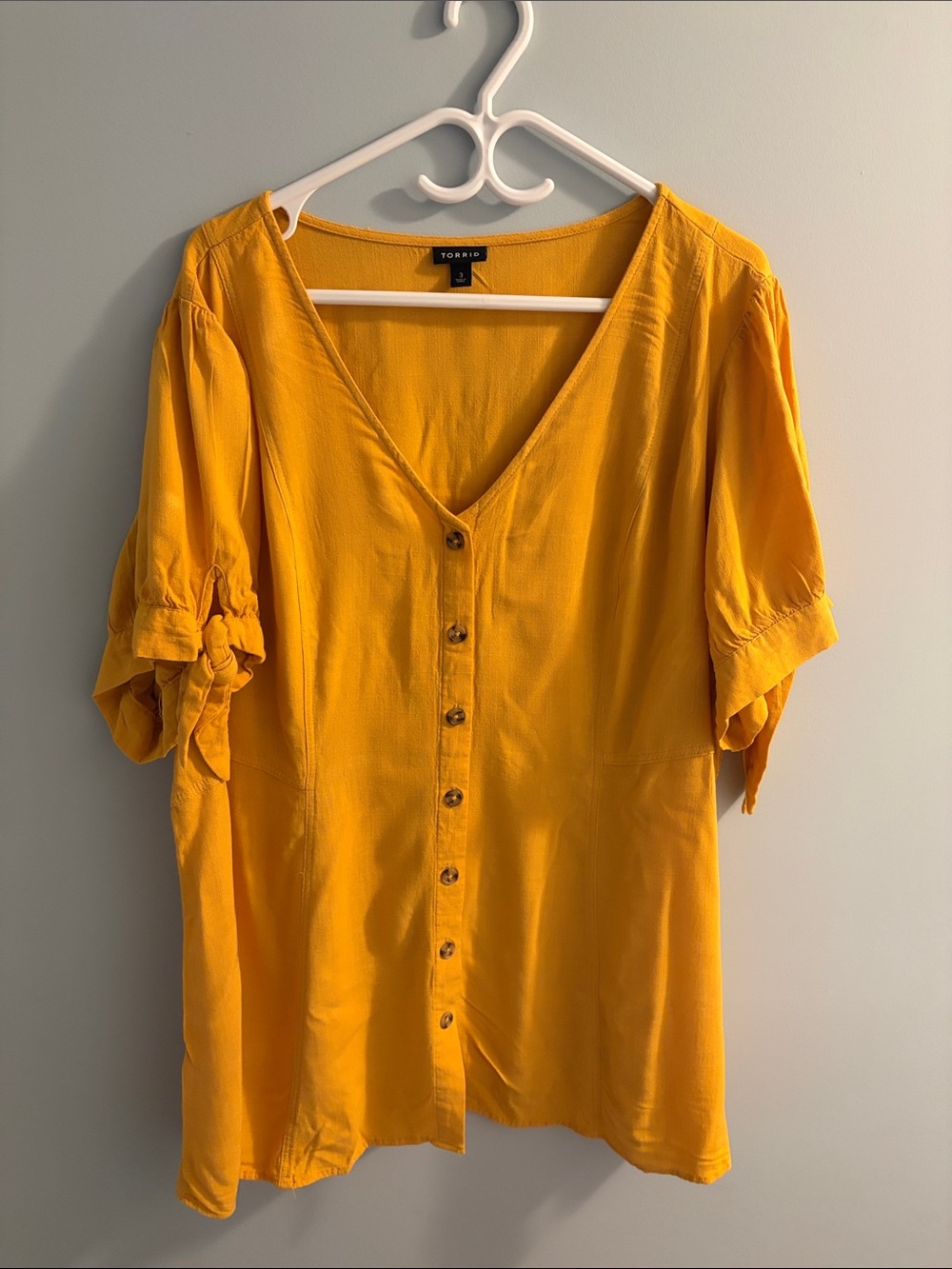 torrid Yellow Button-Front V-Neck Blouse with Short Tie Sleeves